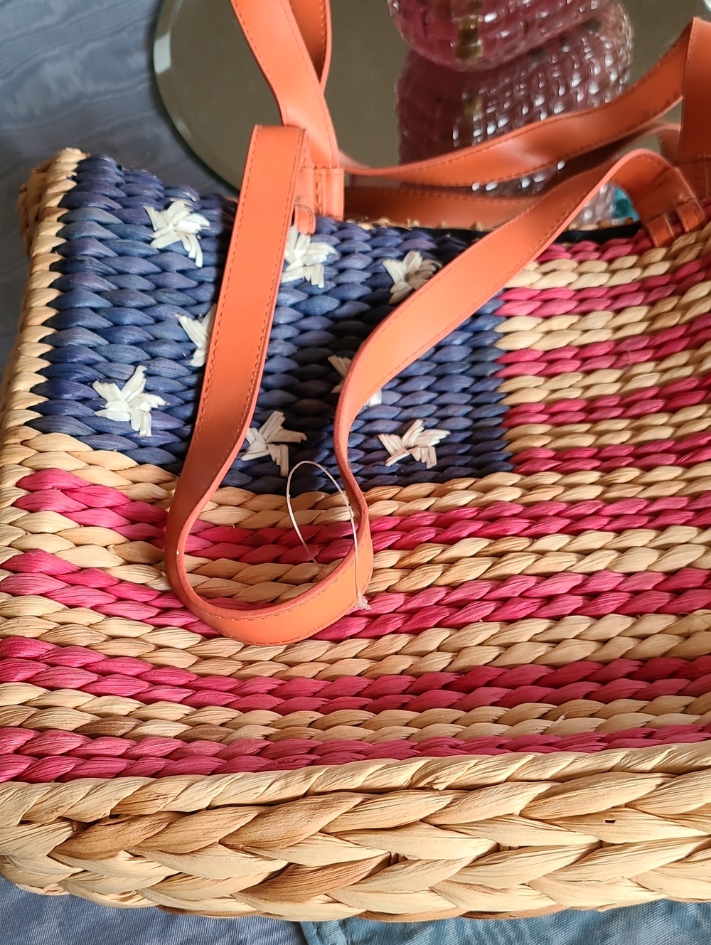 Woven Straw Tote Bag with Orange Straps - Multicolor